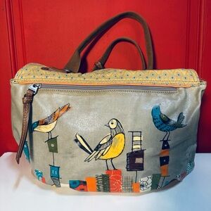 FOSSIL Key-Per Gray Coated Canvas Leather Tote Shoulder Bag Purse City Birds